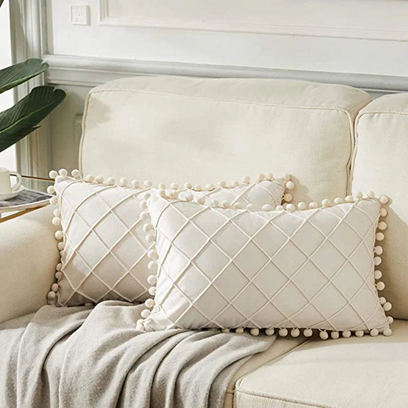Inyahome Velvet Waist Throw Pillow with Pompom Solid Color Decorative Cushio Pillow Pink Grey Green Solid Velvet Home Pillowcase