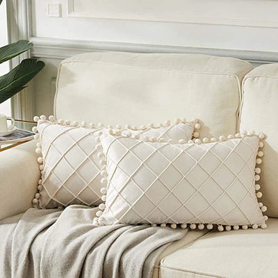 Inyahome Velvet Waist Throw Pillow with Pompom Solid Color Decorative Cushio Pillow Pink Grey Green Solid Velvet Home Pillowcase