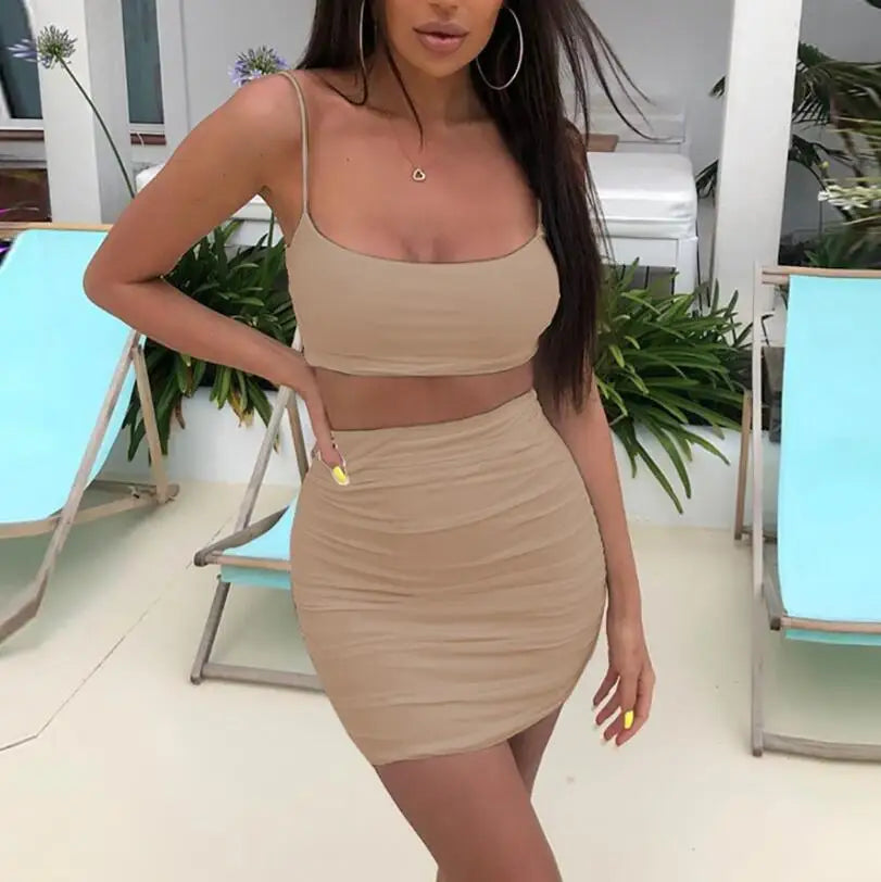 Summer Women Soild Color  Vest Skirts Set Womens Tracksuits Crop Tank Sports Top Mini Skirt Two Pieces Set Gym Fitness Outfits