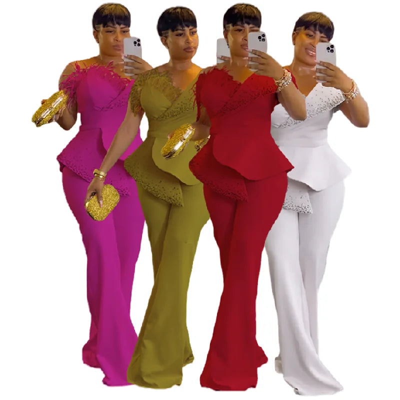 3736# Latest Design Party Jumpsuit Women Off Shoulder High Waist Beaded Feather Decoration Wide Leg Jumpsuit for Ladies
