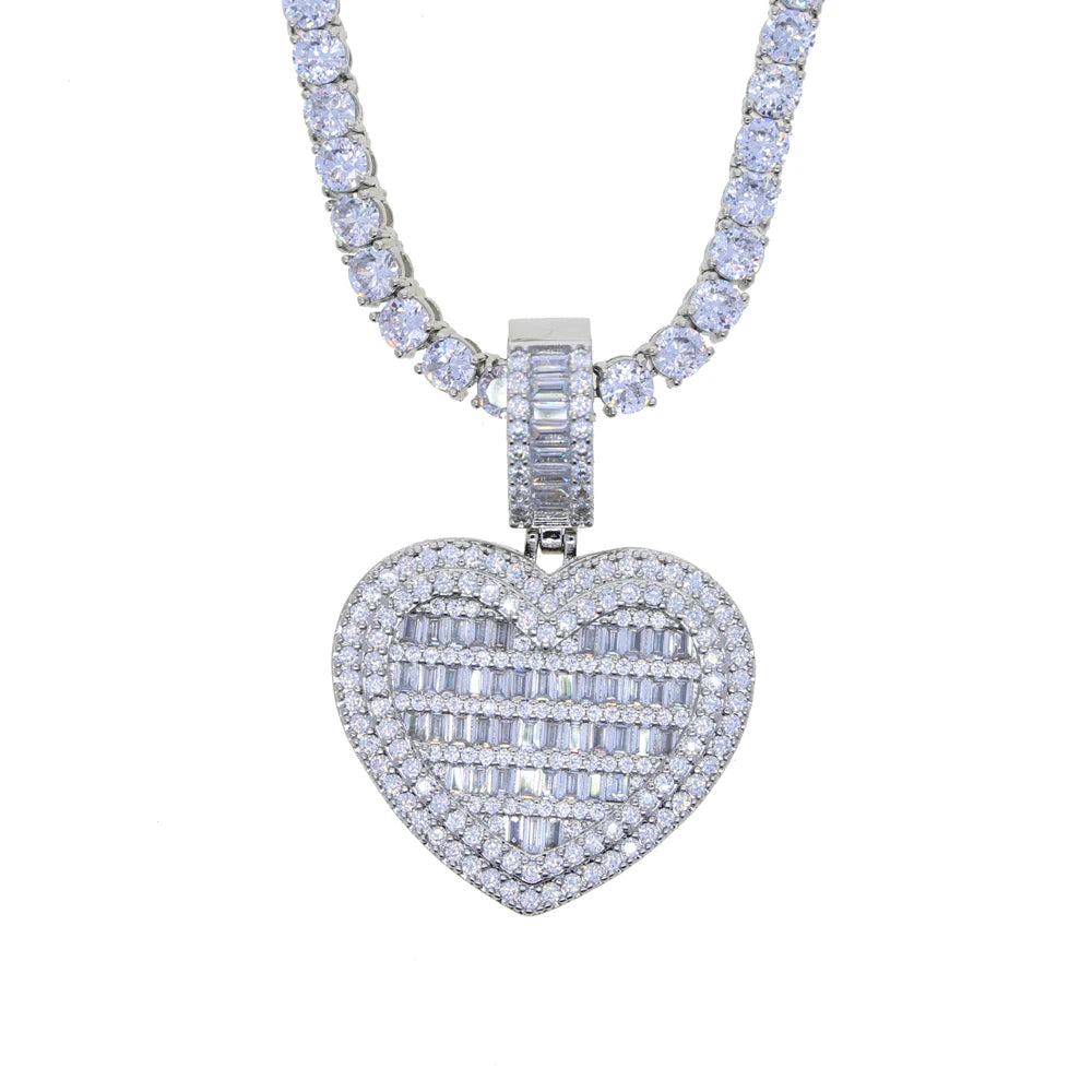 In Stock Iced Out Bling Women Jewelry 5A White Cubic Zirconia Heart Shaped Pendant Necklace With Tennis Box Chain