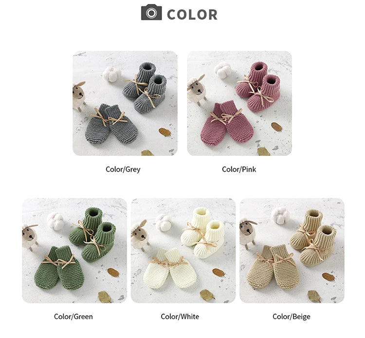 Baby Shoes + Gloves Set Knit Newborn Girls Boys Boots Mitten Fashion Butterfly-knot Toddler Infant Slip-On Bed Shoes Hand Made