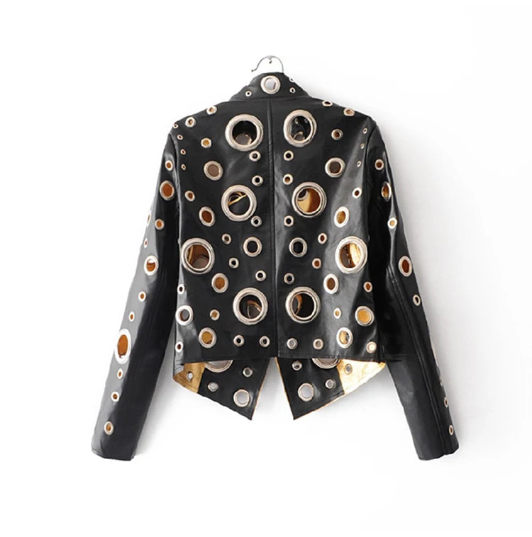 Lautaro Runway Cut Out Short Faux Leather Jacket Golden Rivet Cool Stylish Designer Clothes Women European American Fashion 2022
