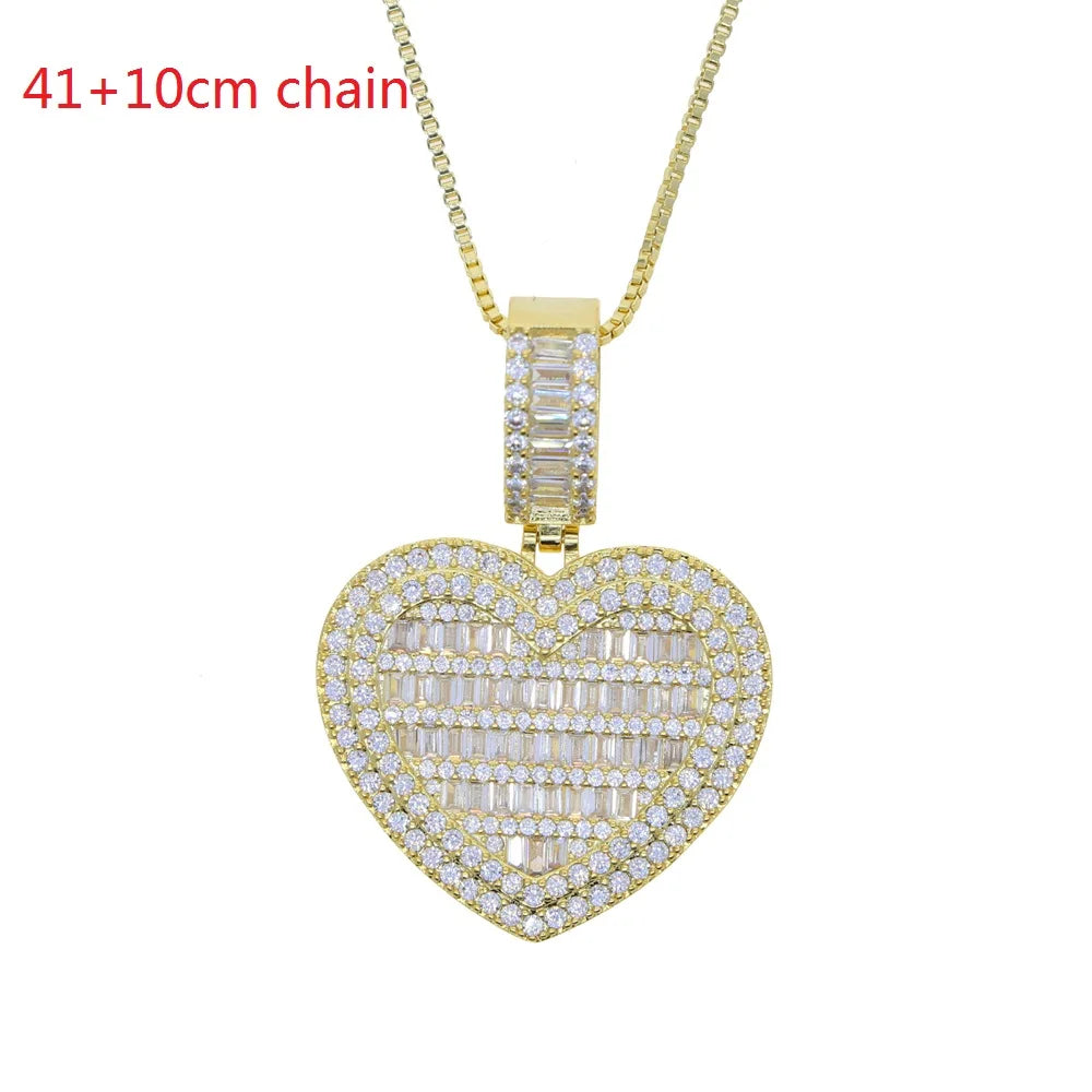 In Stock Iced Out Bling Women Jewelry 5A White Cubic Zirconia Heart Shaped Pendant Necklace With Tennis Box Chain