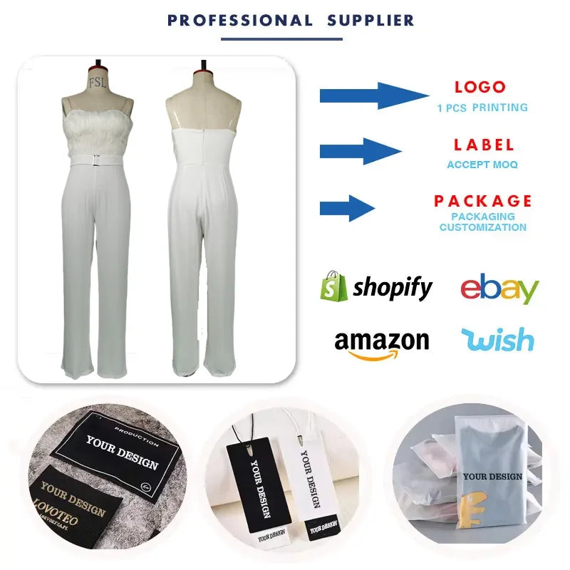OSM036 Trendy Spring and Summer Jumpsuit Women Feather Bra Sexy White Girls Jumpsuits Elegant Casual Jumpsuits With  Belt