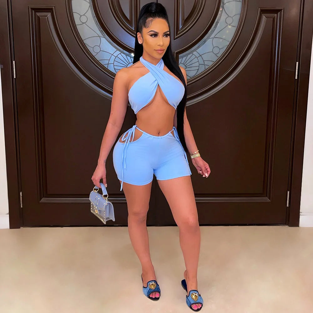Two Piece Sets for Women Ruched Bandage Criss Cross Solid Women 2024 Spring Backless Club Crop Top and Shorts Matching Set