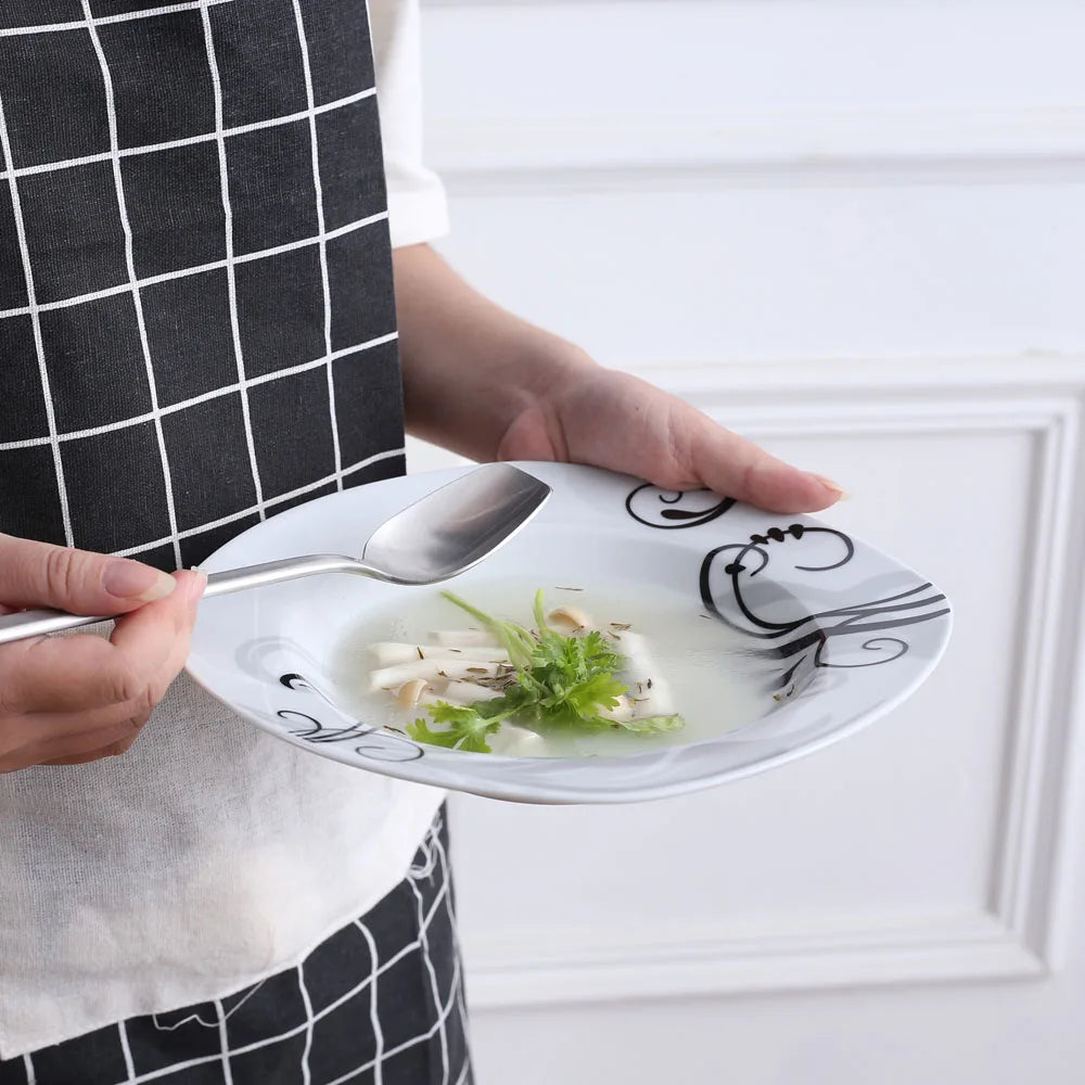 VEWEET ZOEY 48-Piece Black Decals Dinner Combi-Set Porcelain Tableware Set with Bowls Dessert Plates Soup Plate Dinner Plates