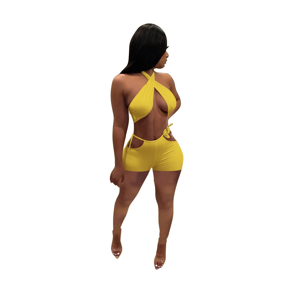 Two Piece Sets for Women Ruched Bandage Criss Cross Solid Women 2024 Spring Backless Club Crop Top and Shorts Matching Set