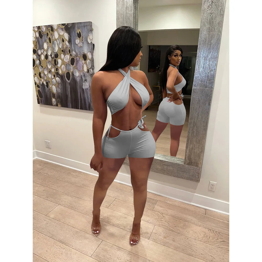 Two Piece Sets for Women Ruched Bandage Criss Cross Solid Women 2024 Spring Backless Club Crop Top and Shorts Matching Set