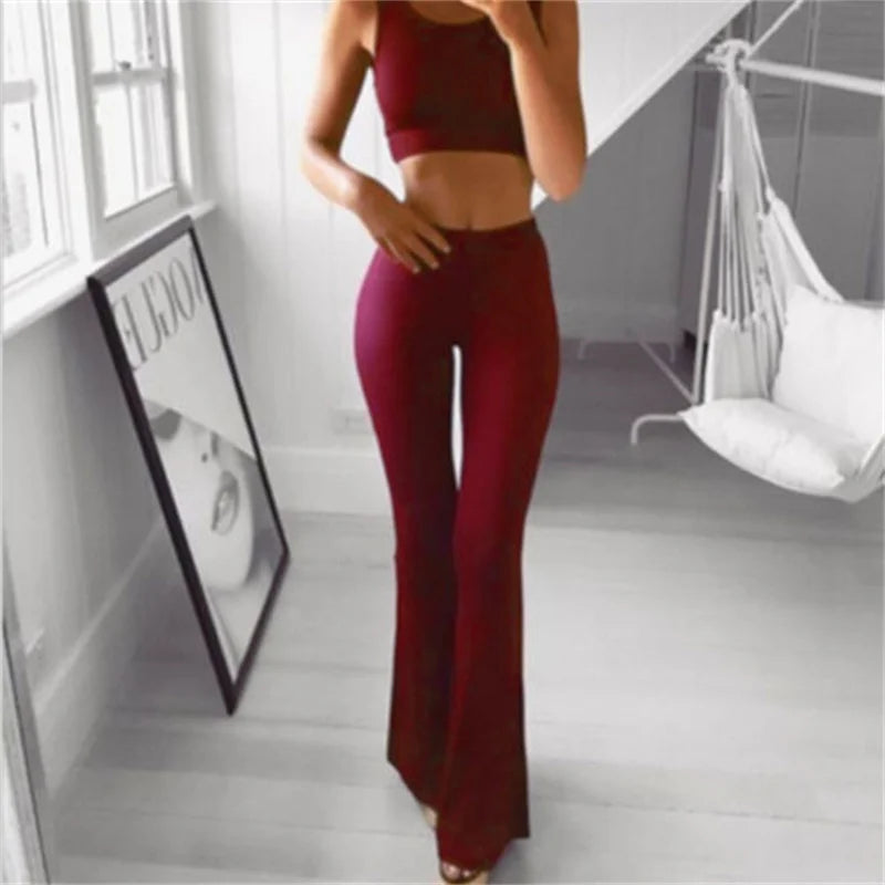 Womens Solid Color High Waist Flare Pants Ladies Trousers Bell Bottom Long Pants Black/White/Blue/Khaki/Burgundy