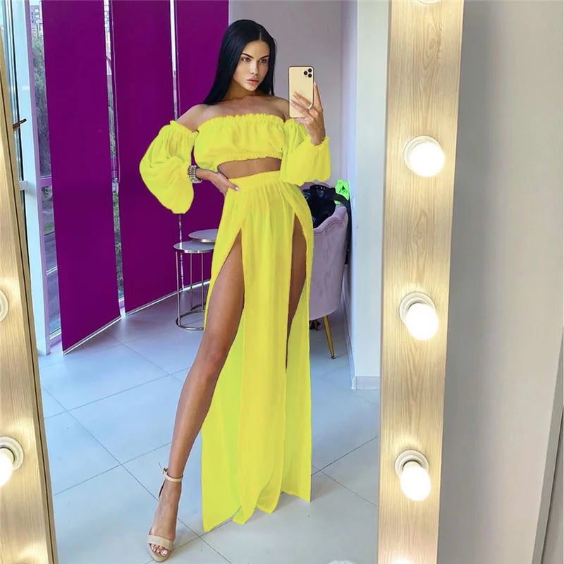 Puloru New Women Two-pieces Beach Suits Summer Solid Color Bikini Cover-ups Sets Off Shoulder Crop Tops+High Slit Maxi Skirts