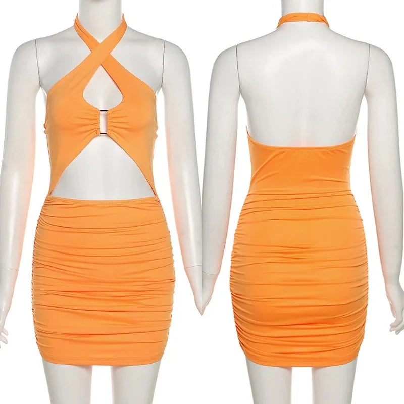 2022 Sleeveless Backless Hollow Out Bodycon Dress Summer Sexy Ruched Halter Mini Dresses Women Evening Dresses Party Club Outfit