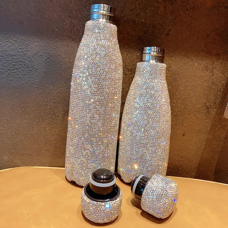 Portable Vacuum Flask Large Capacity Insulated Hot Water Bottle Shiny Rhinestones Thermos Coffee Mug for Women Gift 300/500ml