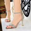 Women Summer Sandals 8.5cm High Heels Rhinestone Crystal Middle Heels Ankle Strappy Sandles Lady Wedding Event Party Gold Shoes