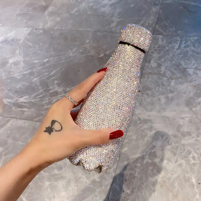 Portable Vacuum Flask Large Capacity Insulated Hot Water Bottle Shiny Rhinestones Thermos Coffee Mug for Women Gift 300/500ml