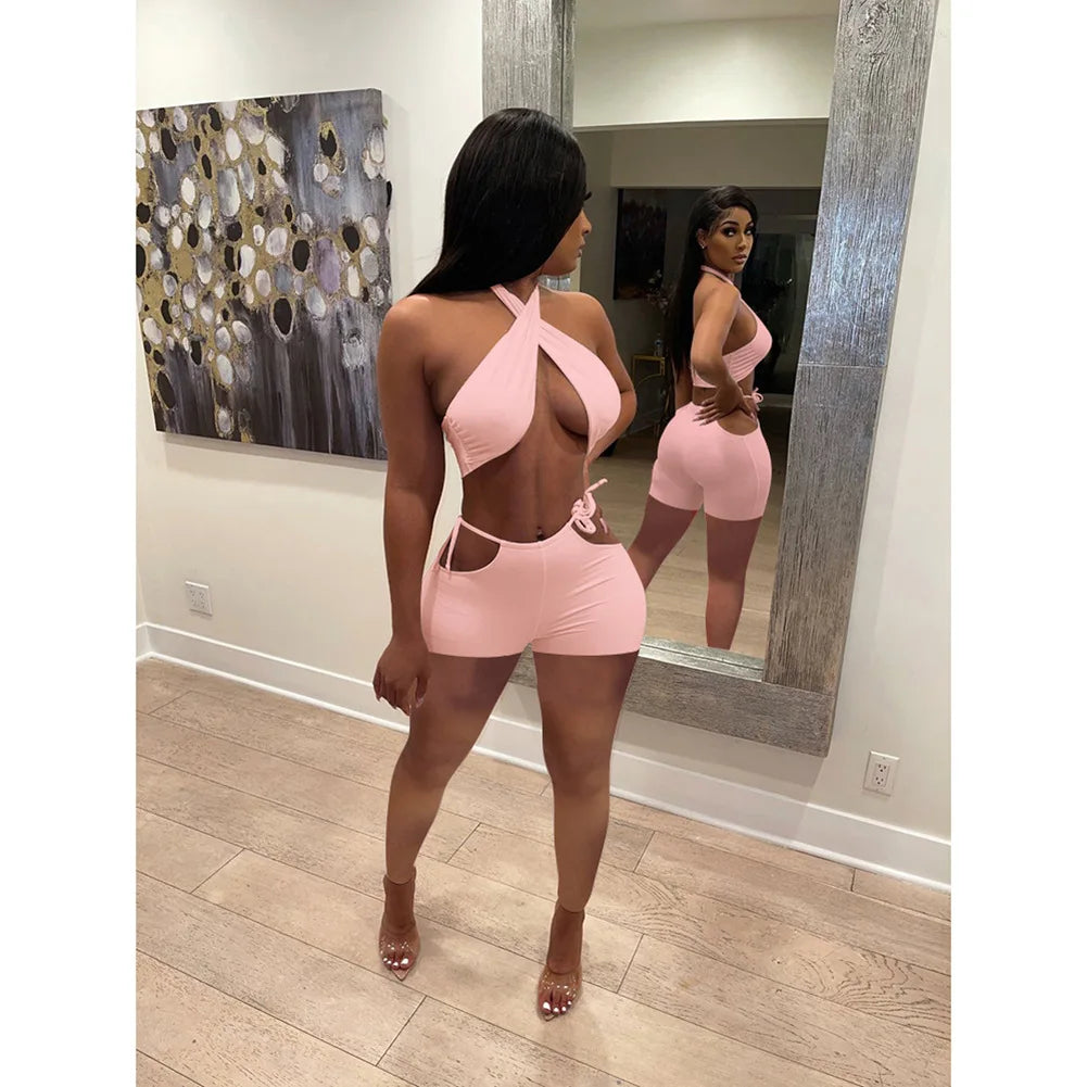 Two Piece Sets for Women Ruched Bandage Criss Cross Solid Women 2024 Spring Backless Club Crop Top and Shorts Matching Set