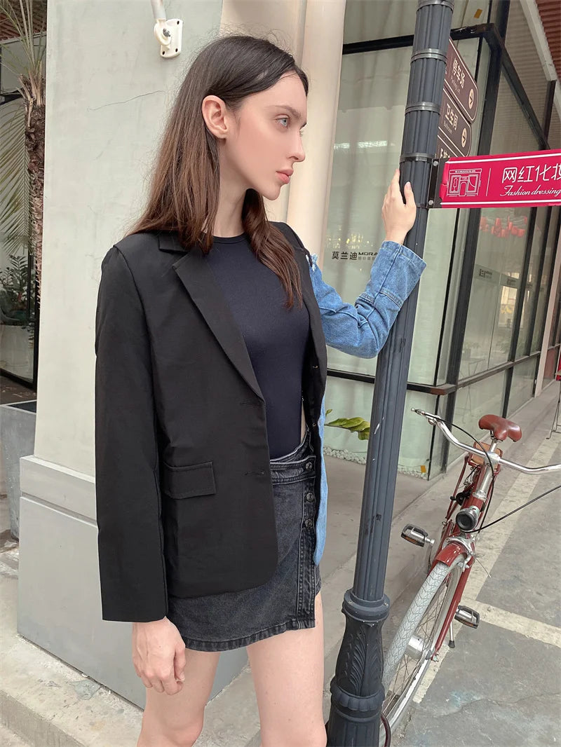 Women Vintage Fashion Blazer Denim Patchwork Jackets 2022 Autumn Winter Irregular Coat Women Long Sleeve Loose Korean Outerwear