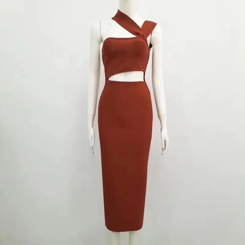 Women Summer Sexy Hollow Out Brown Midi Knee Length Bodycon Bandage Dress 2023 Designer Elegant Evening Party Dress Vestido