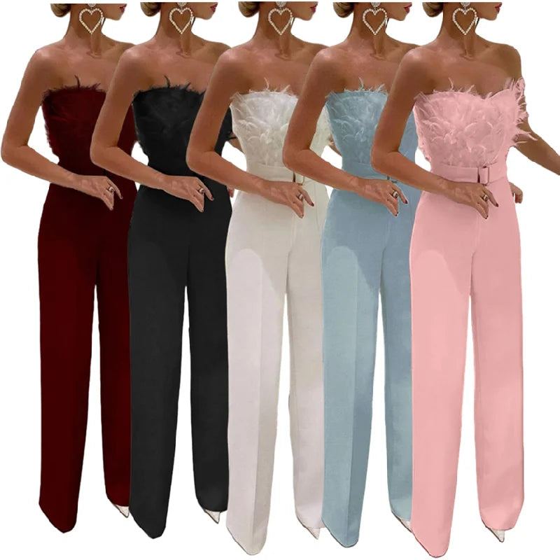 OSM036 Trendy Spring and Summer Jumpsuit Women Feather Bra Sexy White Girls Jumpsuits Elegant Casual Jumpsuits With  Belt