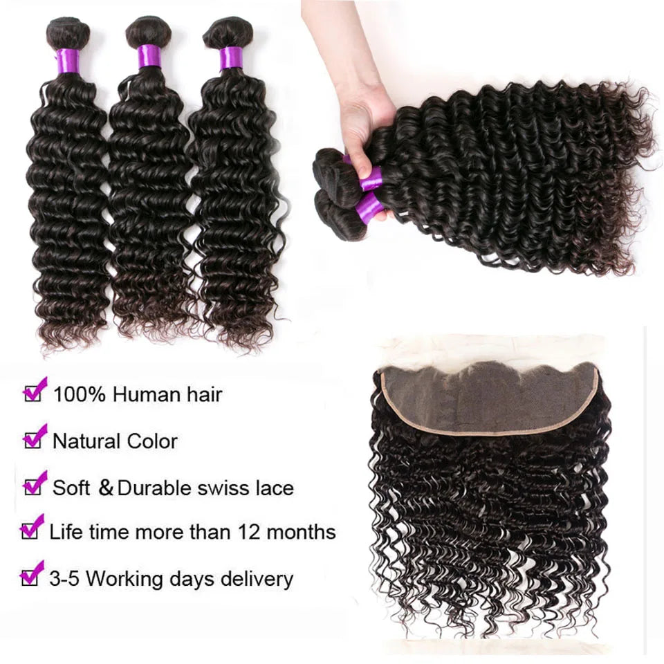 Mongolian Afro Kinky Curly Human Hair Bundles With Closure Deep Curly Hair Weave Bundles With Frontal Closure Hair Extensions