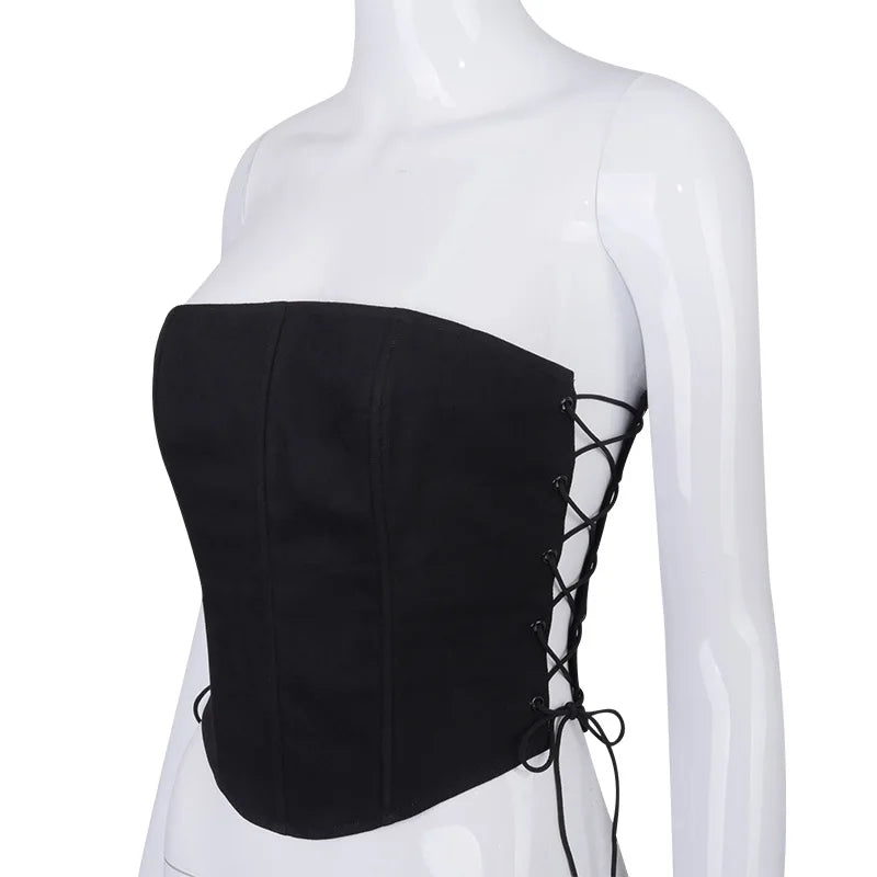Women's Off Shoulder Strapless Lace Up Bustier Corset, Crop Tops, Black Sleeveless Vest, Cropped Feminino