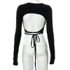 Sexy Backless Lace ups Pullover Tees Women Autumn Black O-neck Slim Longsleeve Short T-Shirt