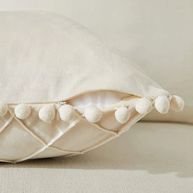 Inyahome Velvet Waist Throw Pillow with Pompom Solid Color Decorative Cushio Pillow Pink Grey Green Solid Velvet Home Pillowcase