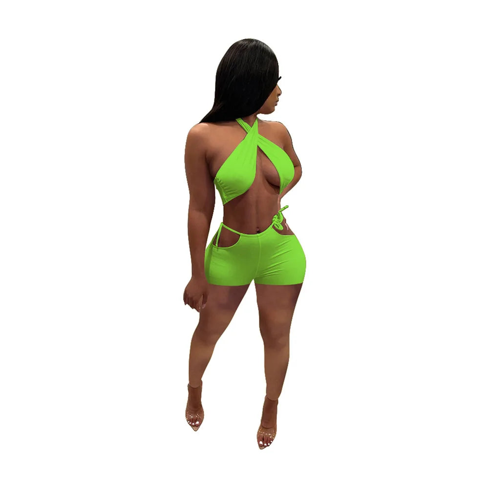 Two Piece Sets for Women Ruched Bandage Criss Cross Solid Women 2024 Spring Backless Club Crop Top and Shorts Matching Set