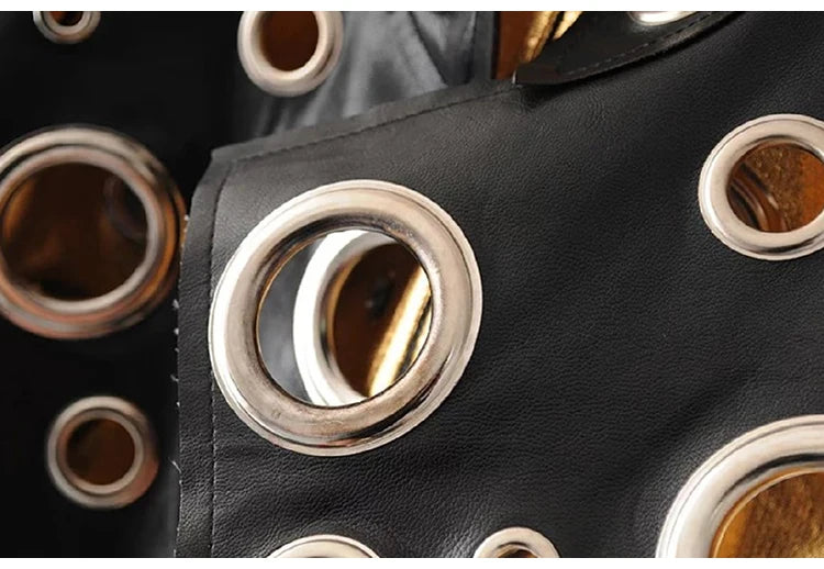 Lautaro Runway Cut Out Short Faux Leather Jacket Golden Rivet Cool Stylish Designer Clothes Women European American Fashion 2022