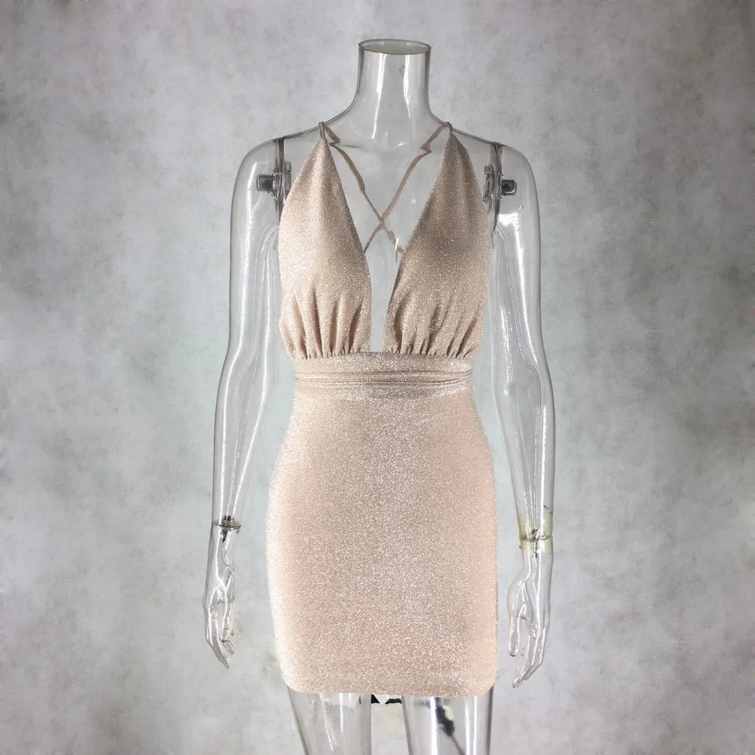2021 Hot Style Women Sexy V-Neck Backless Sleeveless Shimmer Bodycon Mini Sexy Dresses