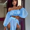 Puloru New Women Two-pieces Beach Suits Summer Solid Color Bikini Cover-ups Sets Off Shoulder Crop Tops+High Slit Maxi Skirts