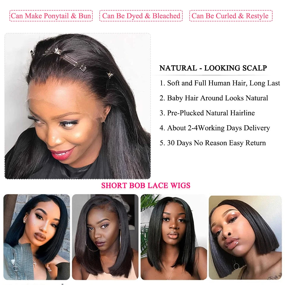 Queen Hair HD Bob Wig Bone Straight HD 4x4 5x5 6x6 Closure Wig HD 13x6 13x4 Full Frontal Bob Wig 100% Raw Human Hair Pre-plucked