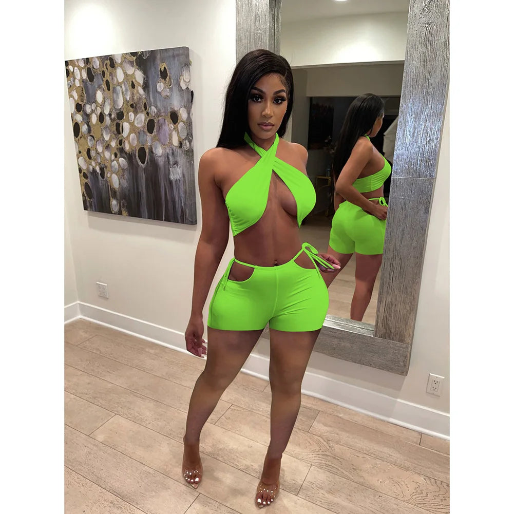 Two Piece Sets for Women Ruched Bandage Criss Cross Solid Women 2024 Spring Backless Club Crop Top and Shorts Matching Set