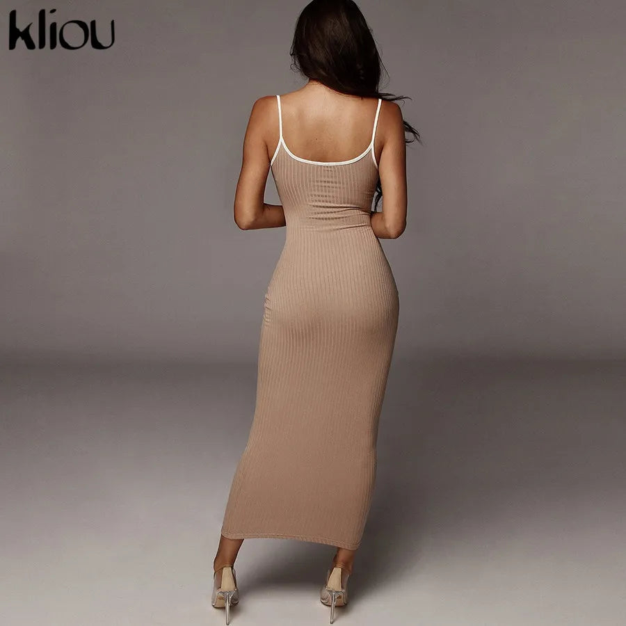 Kliou strap backless sexy bodycon midi long dress new women high waist cotton striped dresses elegant fashion party clothes