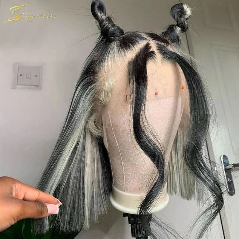 Highlight Black And White Wig Color Preplucked Hairline 613 Blonde Short Bob 13x4 Human Hair Lace Front Wigs HD Frontal Straight