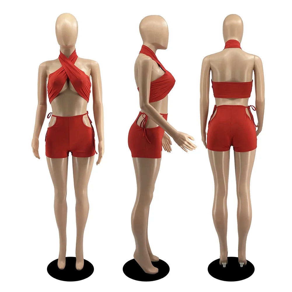 Two Piece Sets for Women Ruched Bandage Criss Cross Solid Women 2024 Spring Backless Club Crop Top and Shorts Matching Set