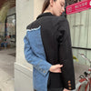 Women Vintage Fashion Blazer Denim Patchwork Jackets 2022 Autumn Winter Irregular Coat Women Long Sleeve Loose Korean Outerwear