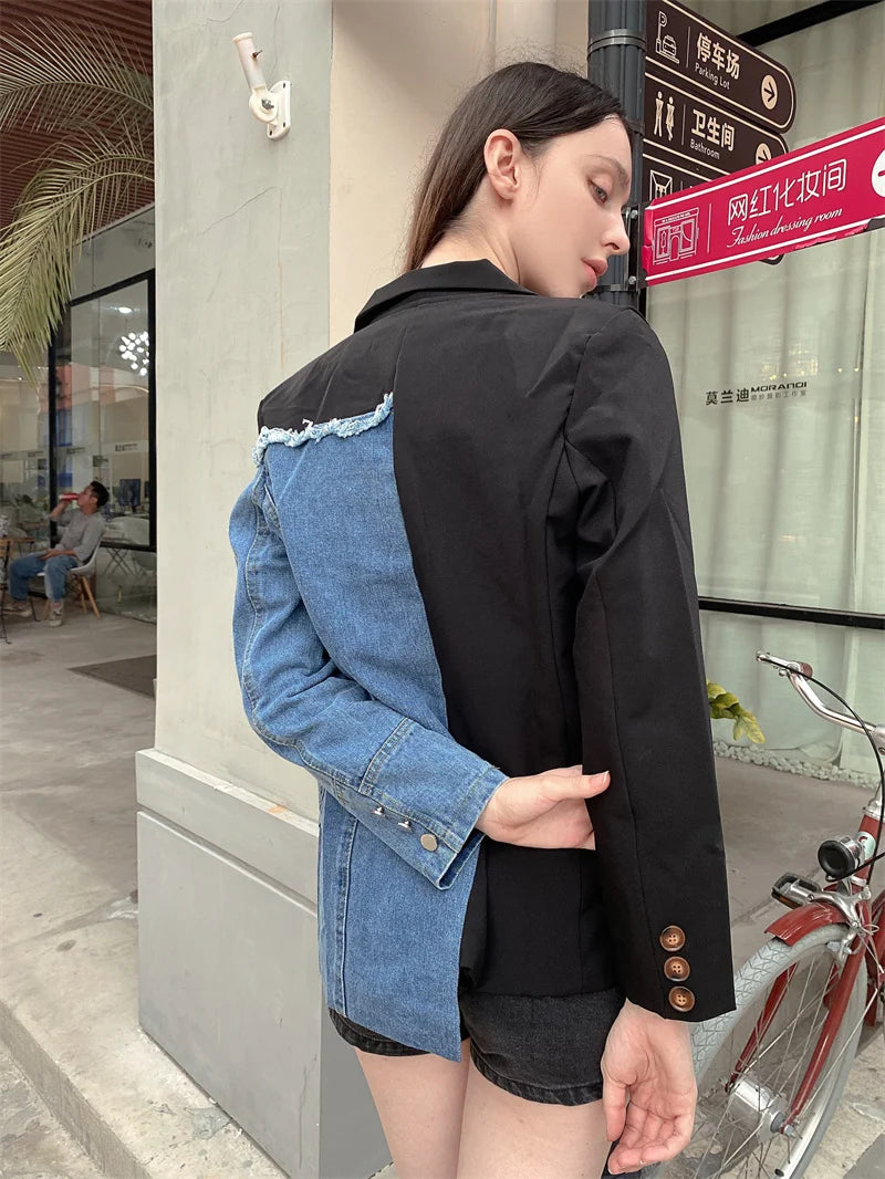 Women Vintage Fashion Blazer Denim Patchwork Jackets 2022 Autumn Winter Irregular Coat Women Long Sleeve Loose Korean Outerwear