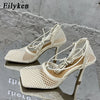 Eilyken Sexy Mesh Pumps Sandals Female Square Toe High Heel Lace Up Cross-Tied Stiletto Hollow Dress Shoes Zapatos Mujer