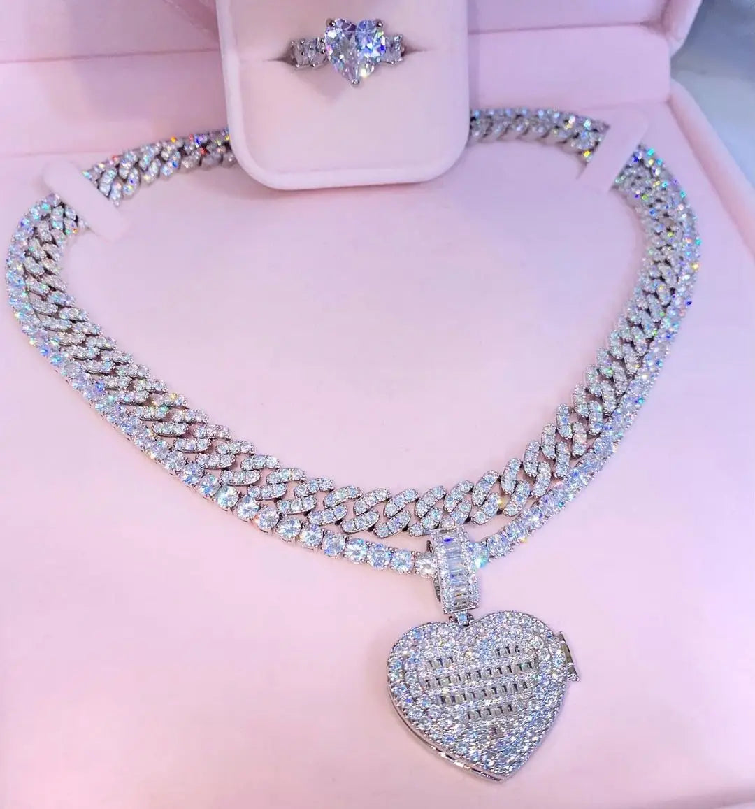 In Stock Iced Out Bling Women Jewelry 5A White Cubic Zirconia Heart Shaped Pendant Necklace With Tennis Box Chain