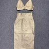 SS2295 Kimshein Gold Stamping Fashion Summer Sexy Bodycon Midi Skirt Set Halter Neck Sleeveless Two Pieces Set