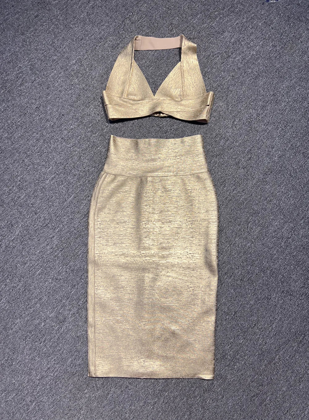 SS2295 Kimshein Gold Stamping Fashion Summer Sexy Bodycon Midi Skirt Set Halter Neck Sleeveless Two Pieces Set