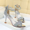 Women Summer Sandals 8.5cm High Heels Rhinestone Crystal Middle Heels Ankle Strappy Sandles Lady Wedding Event Party Gold Shoes