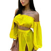 Puloru New Women Two-pieces Beach Suits Summer Solid Color Bikini Cover-ups Sets Off Shoulder Crop Tops+High Slit Maxi Skirts