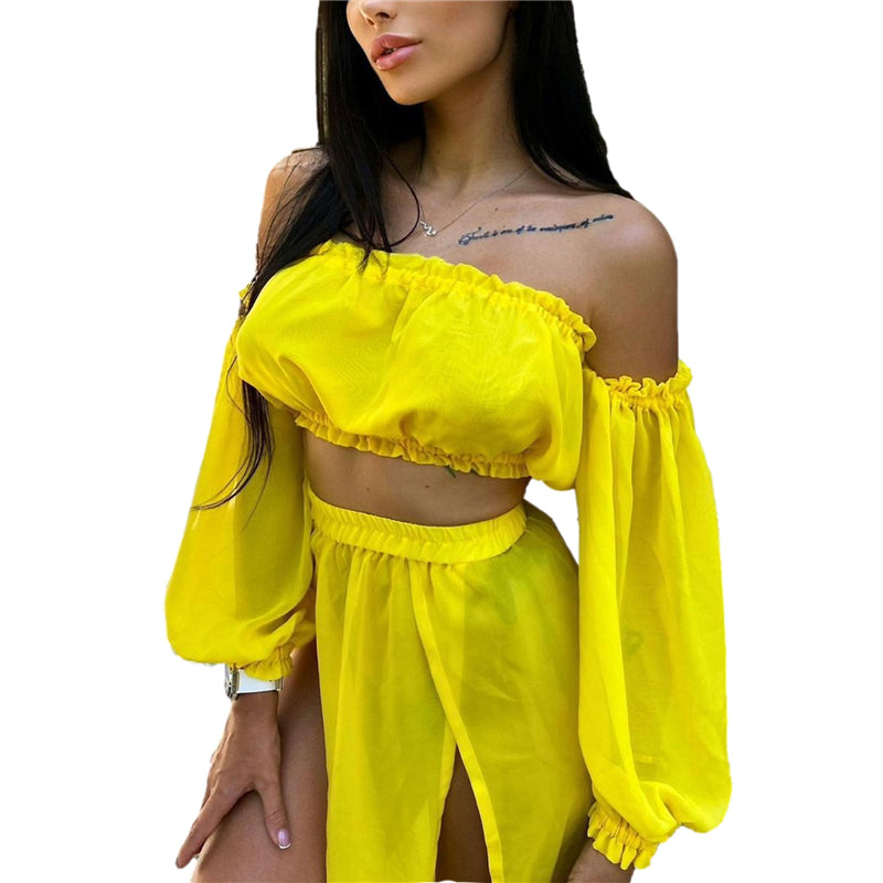 Puloru New Women Two-pieces Beach Suits Summer Solid Color Bikini Cover-ups Sets Off Shoulder Crop Tops+High Slit Maxi Skirts