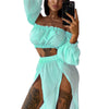 Puloru New Women Two-pieces Beach Suits Summer Solid Color Bikini Cover-ups Sets Off Shoulder Crop Tops+High Slit Maxi Skirts