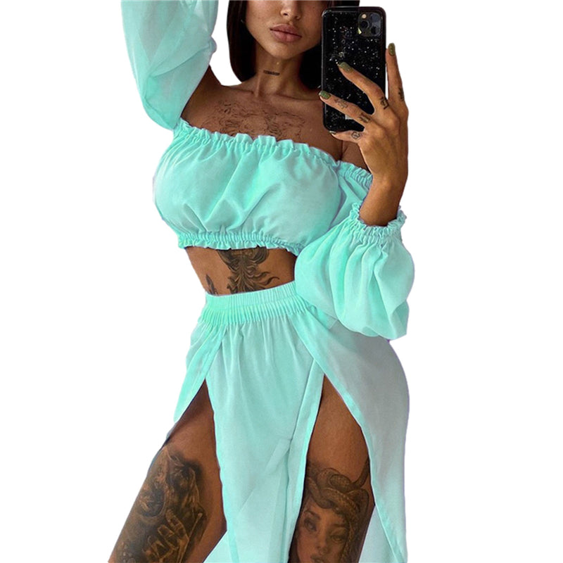 Puloru New Women Two-pieces Beach Suits Summer Solid Color Bikini Cover-ups Sets Off Shoulder Crop Tops+High Slit Maxi Skirts