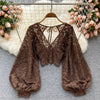 Autumn Black/White/Brown Sexy Lace Blouse Women Elegant V-Neck Puff Long Sleeve Open Back Short Tops Female Party Blusas 2021