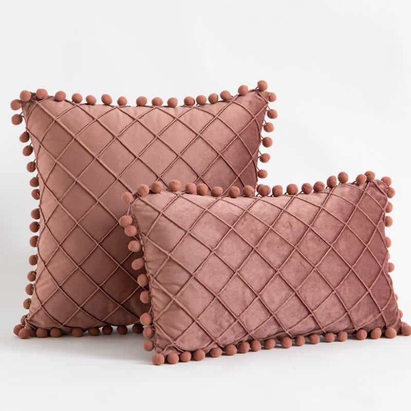 Inyahome Velvet Waist Throw Pillow with Pompom Solid Color Decorative Cushio Pillow Pink Grey Green Solid Velvet Home Pillowcase