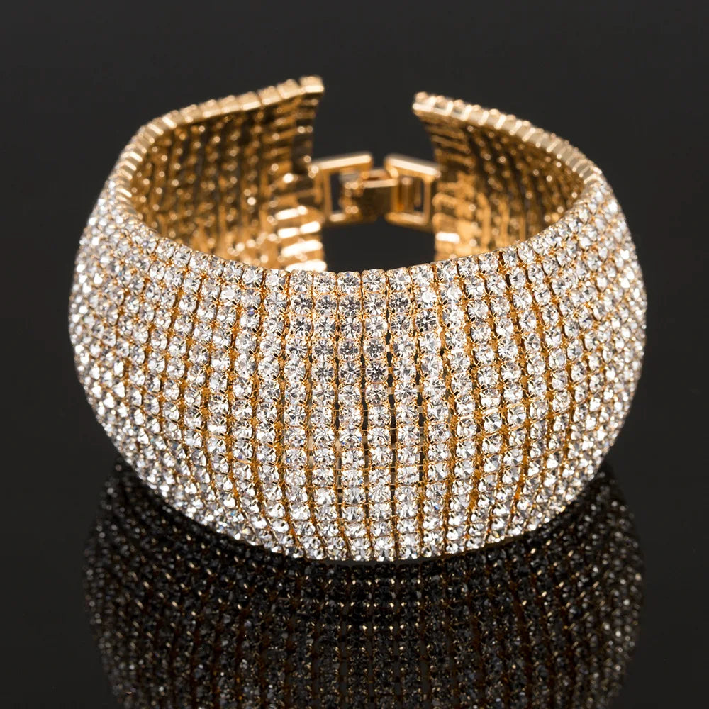TREAZY Luxury 15 row Rhinestone Full Crystal Bracelet for Women Cuff Bangle Wedding Bridal Gold Silver Color Statement Bracelets